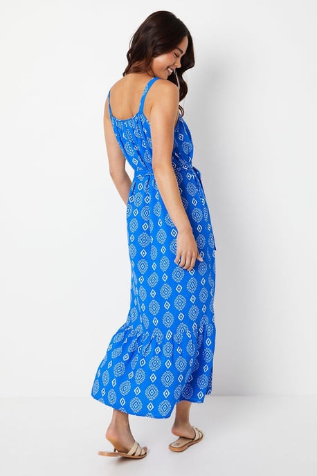 Petite Blue Tile Tiered Pocket Midi Dress