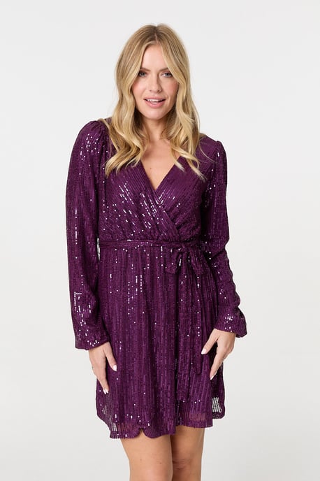 Purple Sparkly Sequin Long Sleeve Mini Wrap Dress