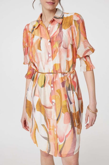 Orange Printed 3/4 Puff Sleeve Shirt Dress