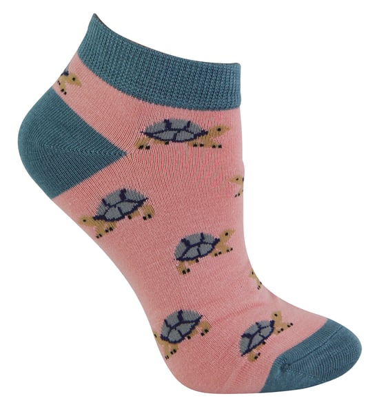 Ladies Bamboo Trainer Socks | Miss Sparrow | Breathable Low Cut Socks for Women - Turtles (Pink) - Image 1