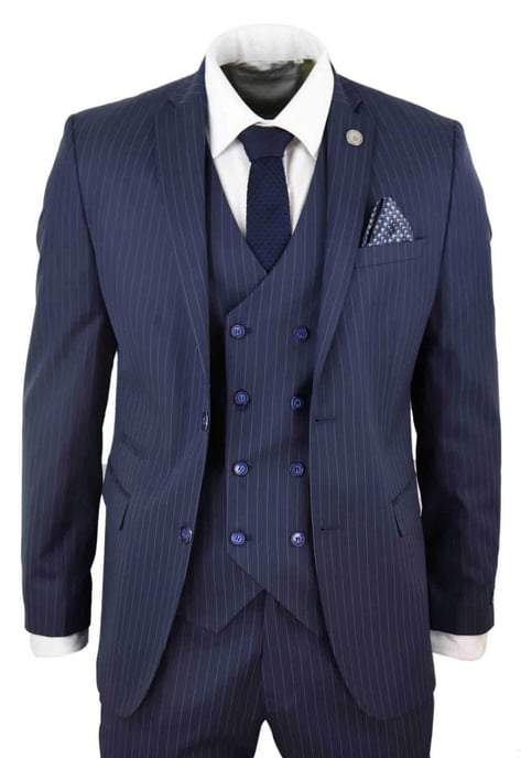 Men's 3 Piece Navy Blue Pinstripe Retro Suit - Image 1