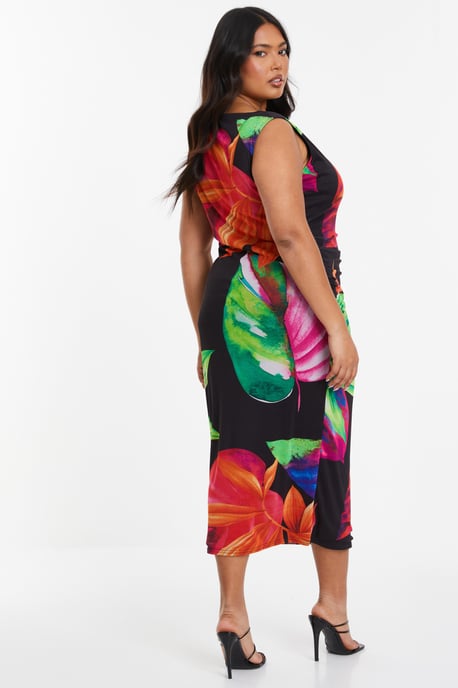 Curve Black Tropical Round Neck Midaxi Dress