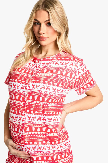 Maternity Christmas Fairaisle Print 2 Pack Peached Button Down Nightie - Image 5