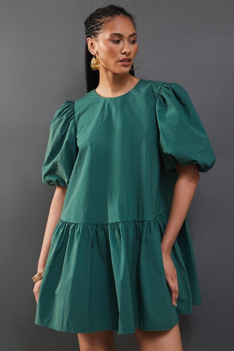 Taffeta Drop Waist Mini Smock Dress