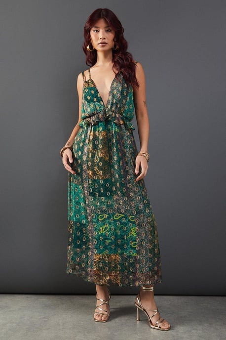 Metallic Jacquard Plunge Neck Midi Dress