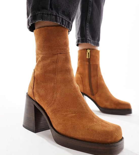 ASOS DESIGN Wide Fit Region suede mid-heel boots in tan-Brown