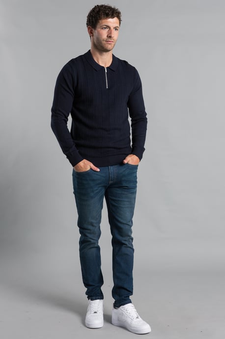 Dark Navy Cotton Textured Knit Long Sleeve Polo