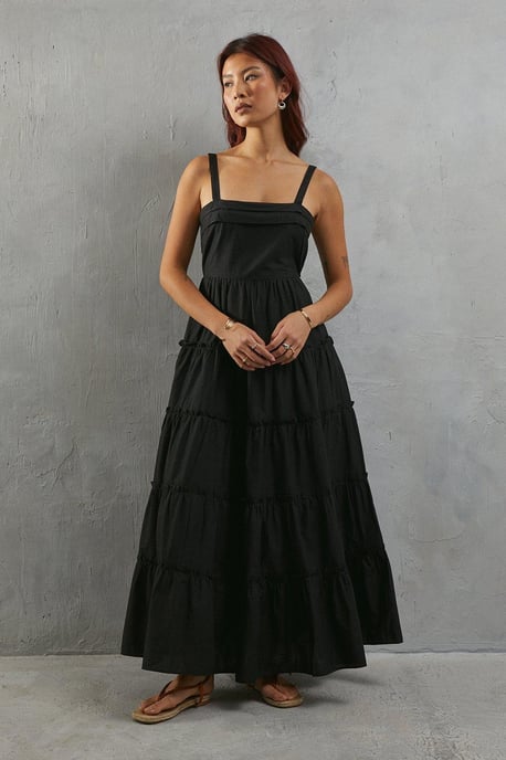 Poplin Tiered Midi Strappy Sundress