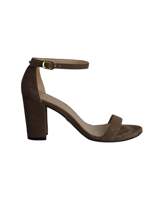 Stuart Weitzman Minimalist High Heel Sandals in Brown Suede - Image 1