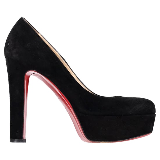 Christian Louboutin Round Toe Chunky Heel Platform Pumps in Black Suede - Image 1
