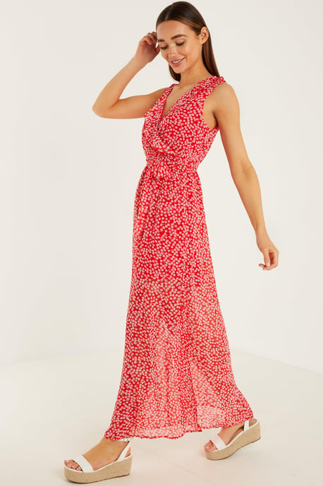 Red & White Floral Wrap Maxi Dress