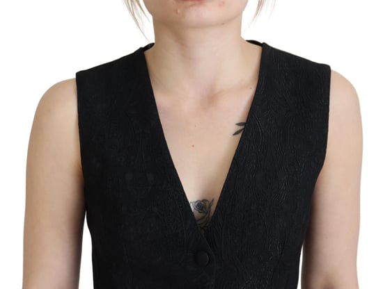 Dolce & Gabbana Women's Black Brocade Button Down Sleeveless Vest Top - Image 4