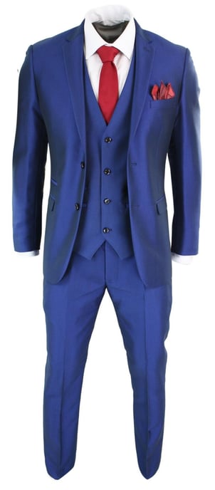 Mens 3 Piece Shiny Royal Blue Classic Suit - Image 3