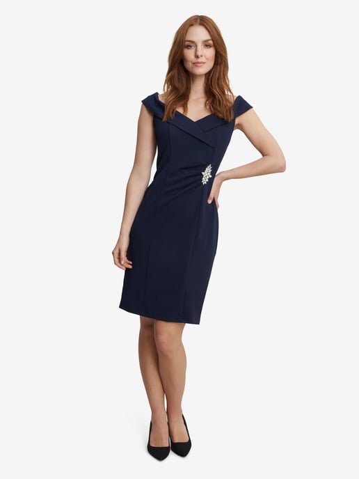 Goldie Short Off The Shoulder Sheath Dress With Ruched Waist And Embellishmnet Detail