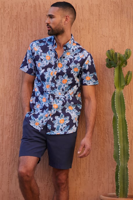 Navy 'Bellis' Cotton Tropical Print Short Sleeve Shirt