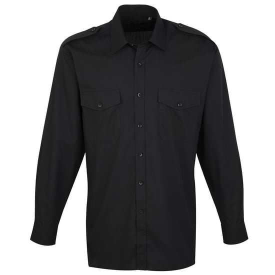 Premier Mens Long Sleeve Pilot Plain Work Shirt (Black)