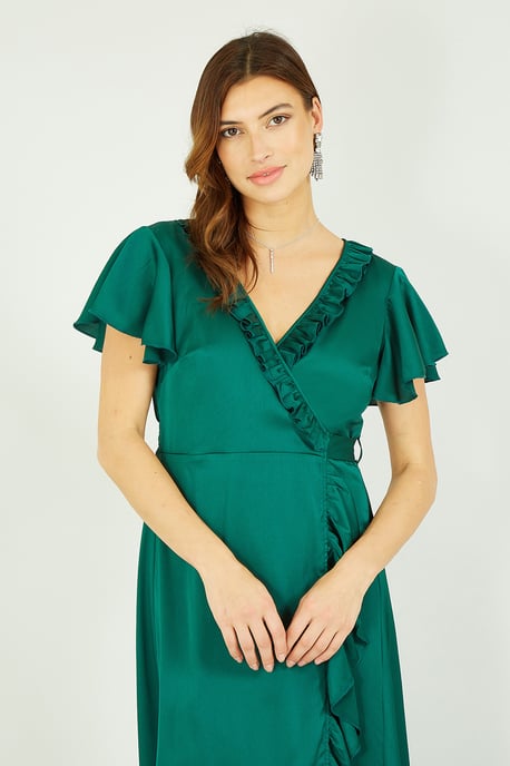 Yumi Green Satin Wrap Midi Dress