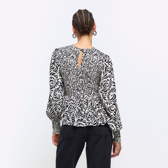 River Island Womens Blouse Black Abstract Shirred