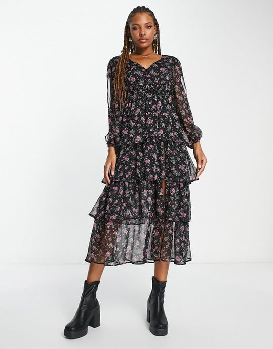 Miss Selfridge chiffon tiered maxi dress in spot floral print-Black