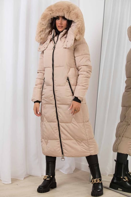 Jess Women’s Long Puffer Coat with Faux Fur Hood & Zip Pockets