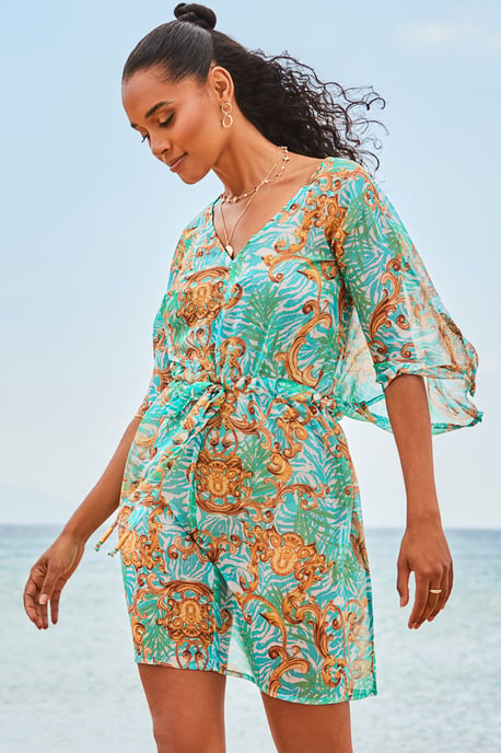 Green Baroque Print Tie Waist Beach Kaftan