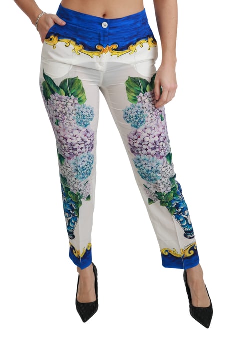 Dolce en Gabbana Witte Hortensia Rechte Midden Taillezijde Zijde Broek - Image 6