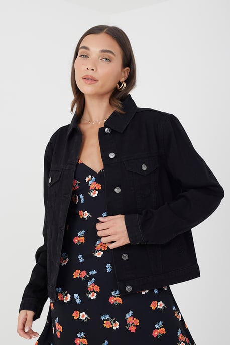 Black 'Blooms' Western Style Denim Jacket