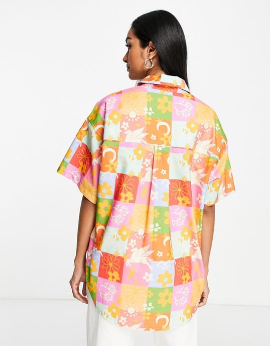 ASOS DESIGN short sleeve vacay shirt in bright check motif print-Multi