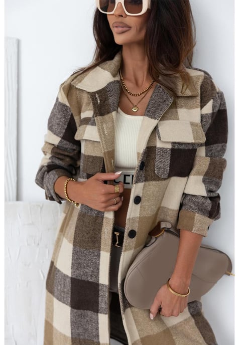 Women's Plaid Button-Down Long Shacket in Khaki - Image 6
