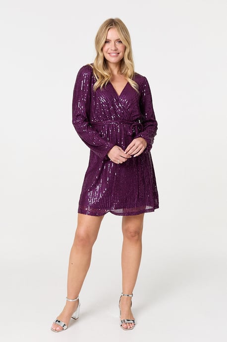 Purple Sparkly Sequin Long Sleeve Mini Wrap Dress