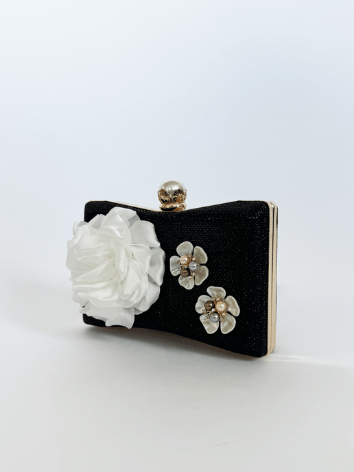 Square clutch Bag with 3D florals and Rhinestone handle in Black