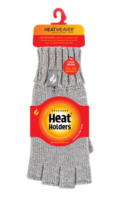 Ladies Solid Knitted Fingerless Gloves | HEAT HOLDERS | Grey - Image 2