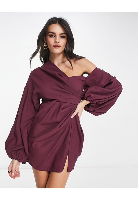 ASOS DESIGN off shoulder drape mini dress with balloon sleeve in wine-Red