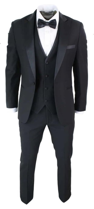 Heren 3-delige Zwarte Tuxedo Pak Klassiek Satijnen Diner Tailored Fit Bruiloft Prom - Image 2