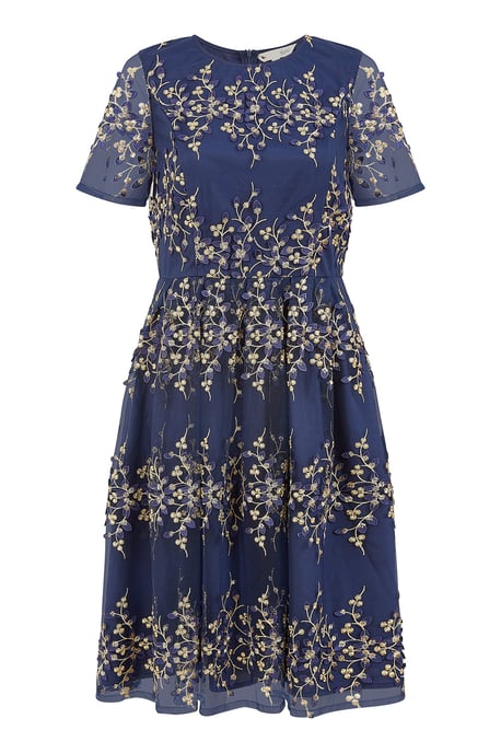 Navy Embroidered Mesh Prom Dress