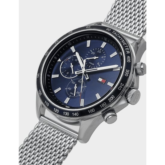 Accessoarer Tommy Hilfiger Miles Chronograph Mesh Armbandsur i marinblått och silver - Image 4
