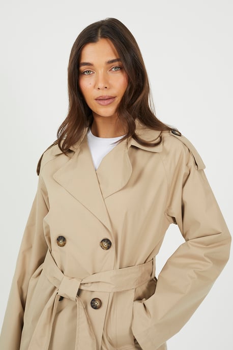 Stone Double Breasted Short Mac With Self Tie Belt
