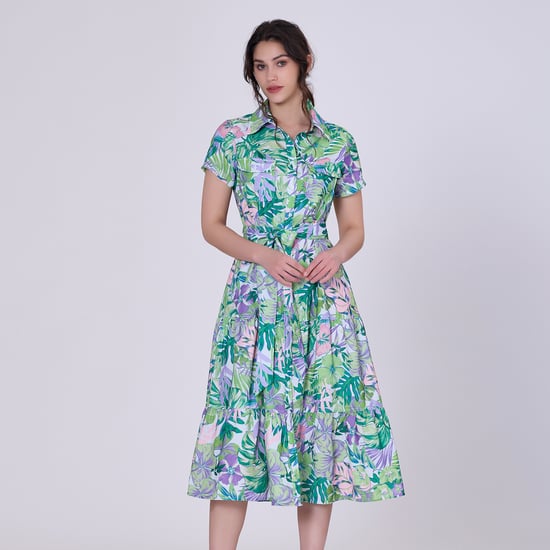 Tropical print midi shirt dress