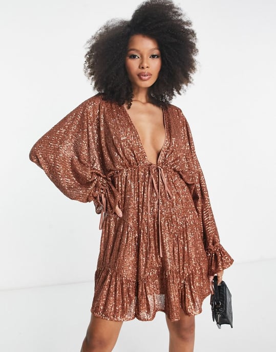 ASOS DESIGN embellished tiered mini dress with tie detail in gold sequin