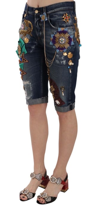 Dolce & Gabbana Dames Blauwe Denim Mid Waist Kristallen Capri Shorts - Image 3