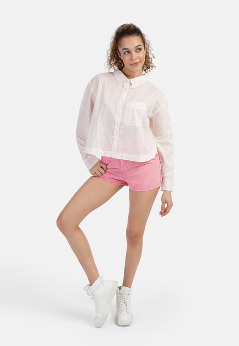 Mymo overhemdblouse Dames Wit roze oranje stippen - Image 2
