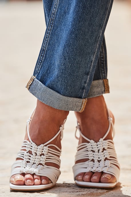 White Gladiator Square Toe Block Heel Sandals