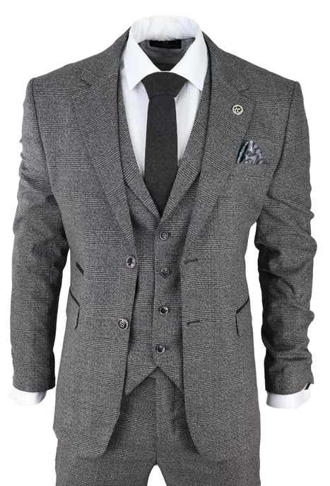 Mens Grey 3 Piece Suit Prince of Wales Check Classic Tailored Fit Wedding Suit - Image 1