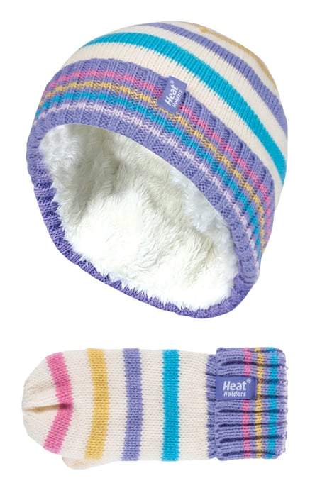 Heat Holders - Kids Girls Fleece Lined Knitted Striped Colourful Winter Thermal Hat and Mittens Set - CS2P11 - Image 1