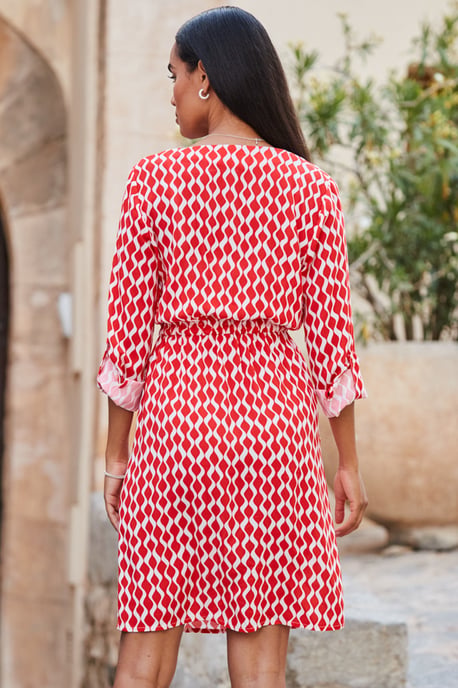 Red Geometric Print Tie Waist Dress