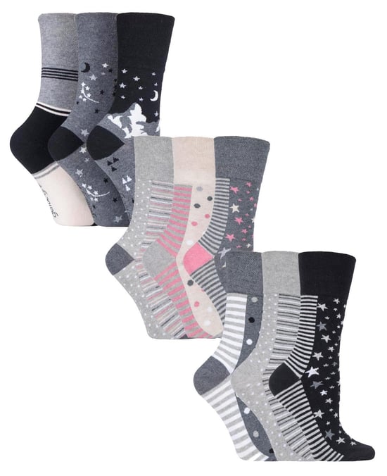 9 Pair Multipack Ladies Cotton Crew Non Elastic Socks | Gentle Grip | Womens Soft Top Striped Patterned Non Binding Socks - Grey Mix - Image 1