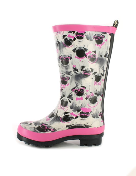 Platino Girls Pug Wellies Brandie Slip On Grey pug print