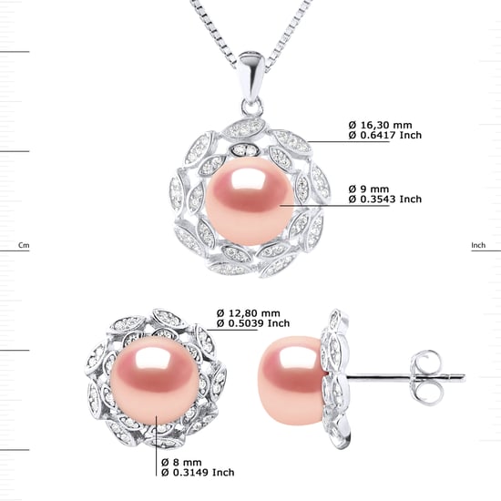 Adornment Necklace & Earrings FLOWER Freshwater Pearl 9-10 mm Natural Rose 925