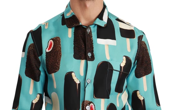 Dolce & Gabbana Blå Silkesglasstryck Lätt Samtalsherre Skjorta - Image 3