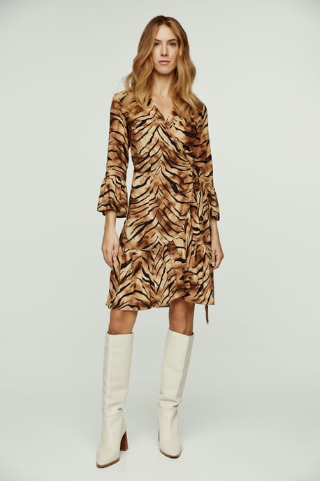 Tiger Print Viscose Wrap Dress with Bell Sleeves